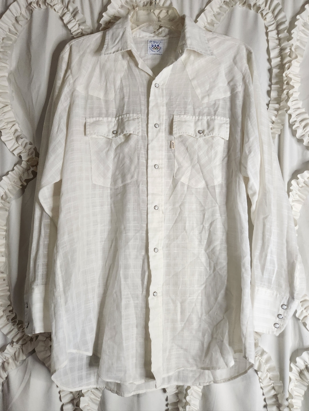 Vintage 1980's Olympics Levi's Pearl Snap Western White Shirt Sz Large